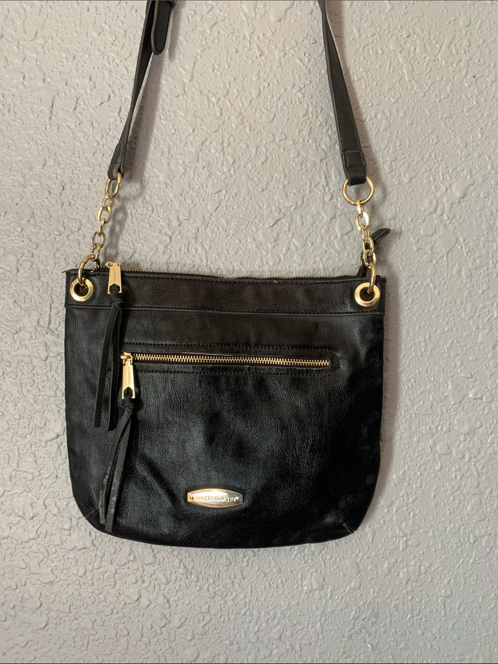 Liz Claiborne Black Leather Crossbody bag purse gold hardware